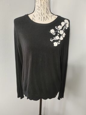 Anthony Richards Black Crewneck Sweater with White Floral Embellish M